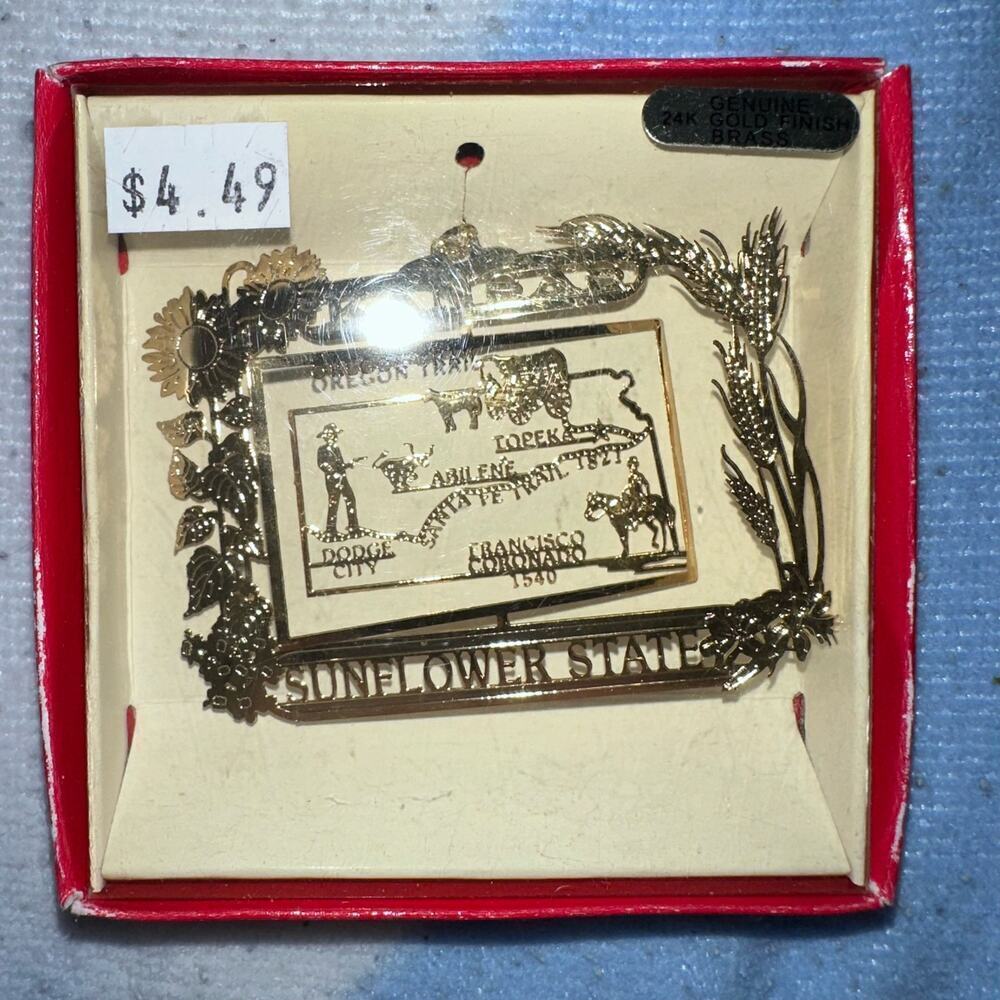 NOS Vintage Nation’s Treasures Genuine 24K Gold Flashed Brass Ornament Kansas